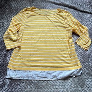 St John's Bay Women's L Yellow White Striped Faux 2 Piece Shirt Top 3/4 Sleeve